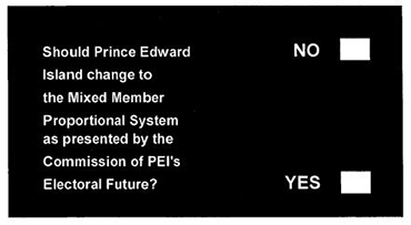 Image of ballot for 2005 Plebiscite - image shows white text on a black background. The text says Should Prince Edward Island change to the Mixed Member Proportional System as presented by the Commission of PEI's Electoral Future? With blank boxes beside No and Yes options.