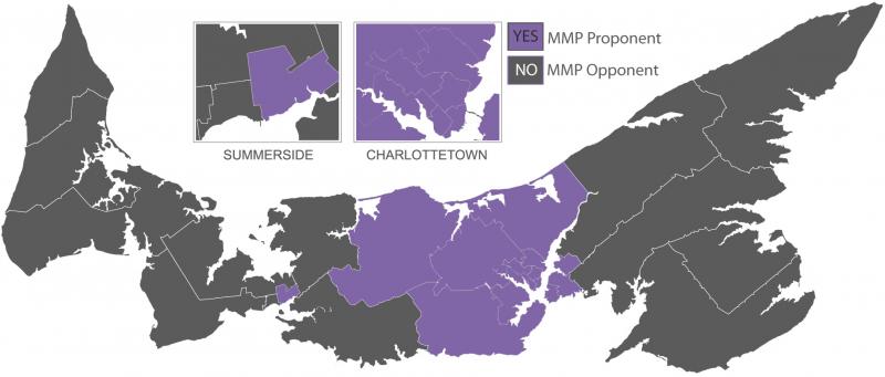 Island Map depicting voting results of 2019 Referendum on Electoral Reform